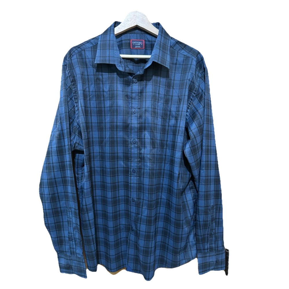 Untuckit Performance Bacaro Mens Long Sleeve Button Up Black Blue Check Size XL‎
